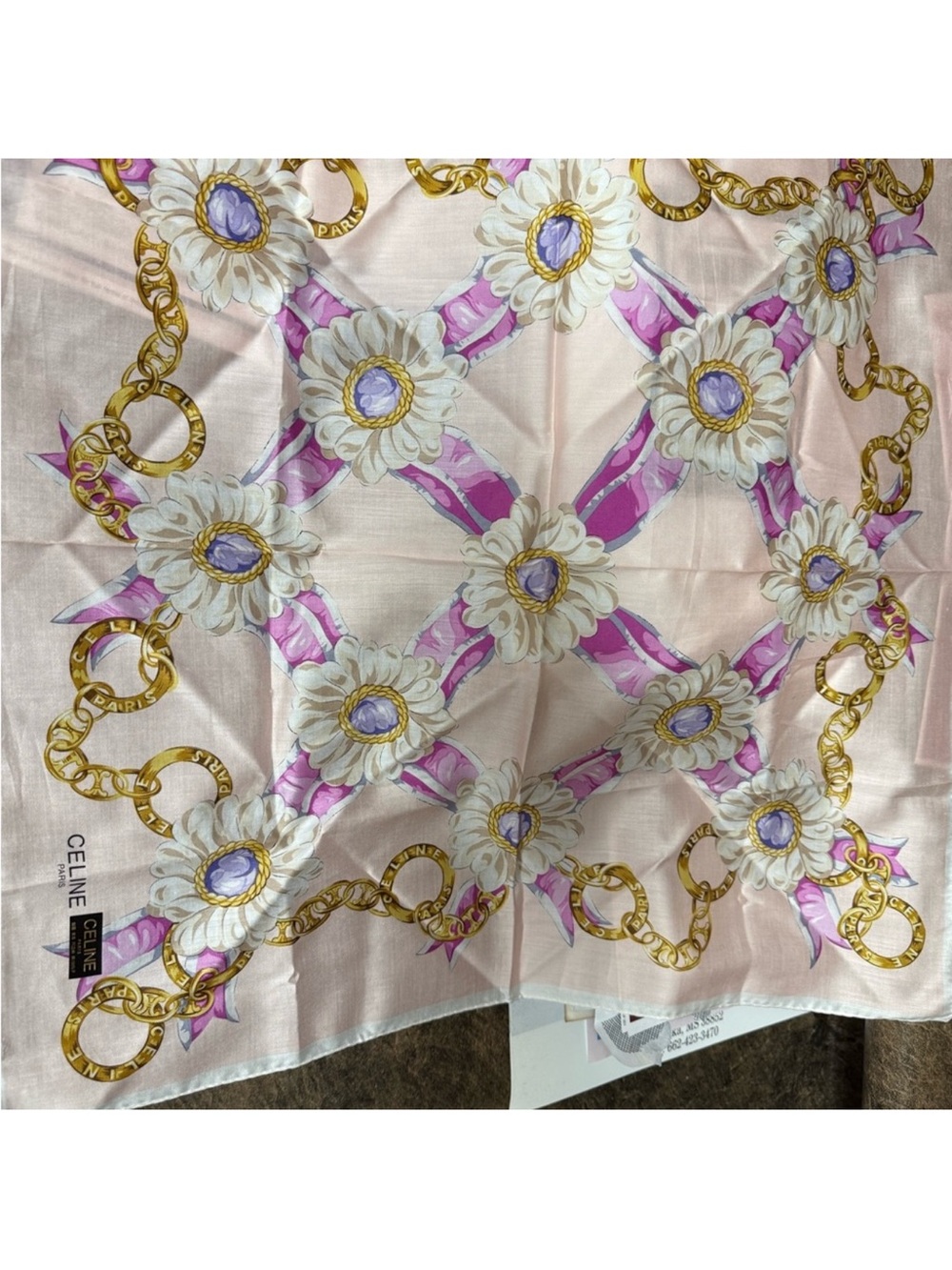 Celine Scarf with Pink Floral & Gold Chain Motif